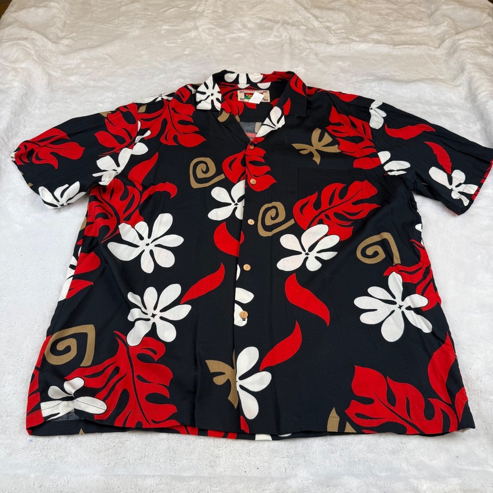 Banana Jack Honolulu Hawaiian Shirt Mens XL Black Red Floral Rayon Made Hawaii